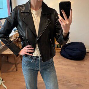 All Saints Dalby slim fit black leather biker jacket size 8